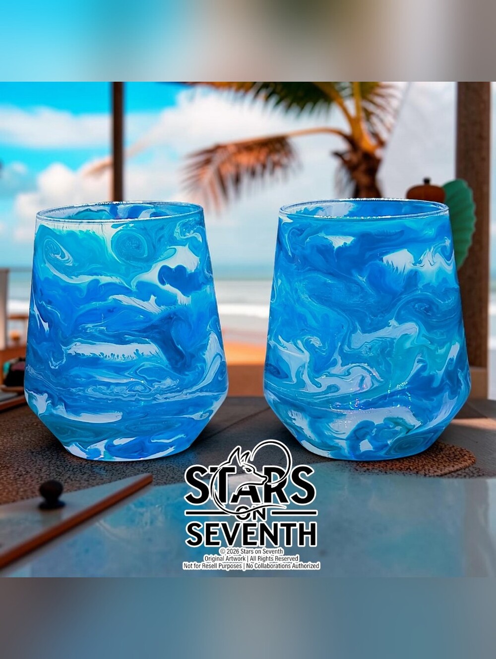 (2) Handcrafted 20oz Coastal Wave Blue & White Resin Glass set